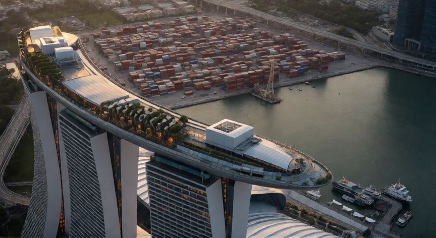 Vista aérea de Singapur y su puerto estratégico en el estrecho de Malaca
