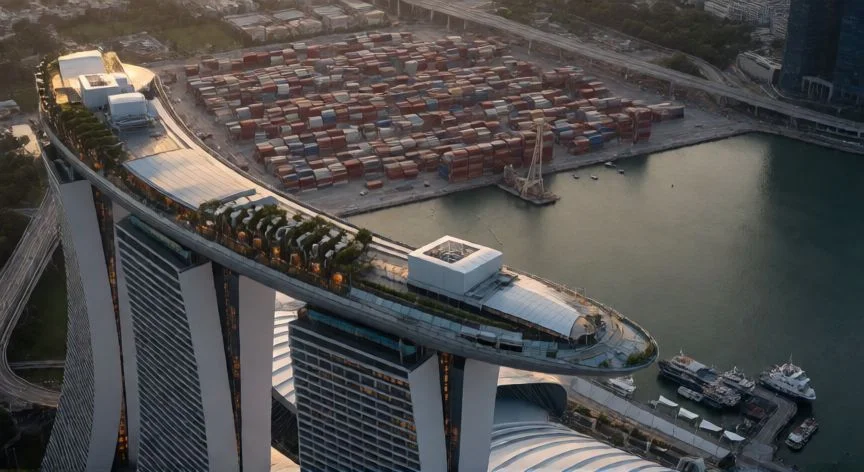 pais mejor ubicado geograficamente, Vista aérea de Singapur y su puerto estratégico en el estrecho de Malaca