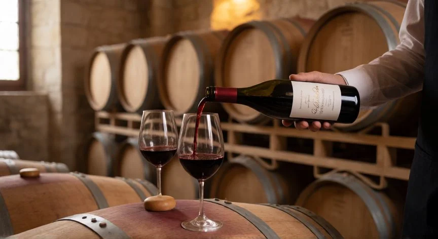 Cata de vino francés en una bodega histórica con barricas de roble