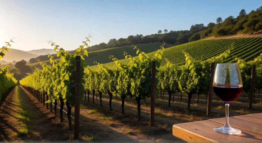pais mejor vino del mundo, Viñedos de California al atardecer con una copa de vino rojo en primer plano
