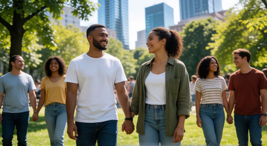 Parejas diversas y felices en un parque urbano simbolizando la aceptación