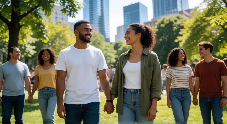Parejas diversas y felices en un parque urbano simbolizando la aceptación