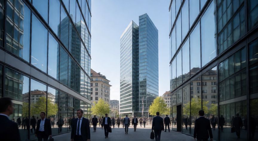 Distrito financiero moderno en Suiza representando altos salarios