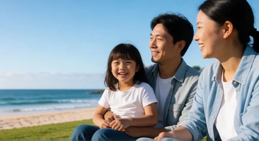 pais que mejor se vive del mundo, Familia disfrutando del tiempo libre en un parque de Australia cerca del mar