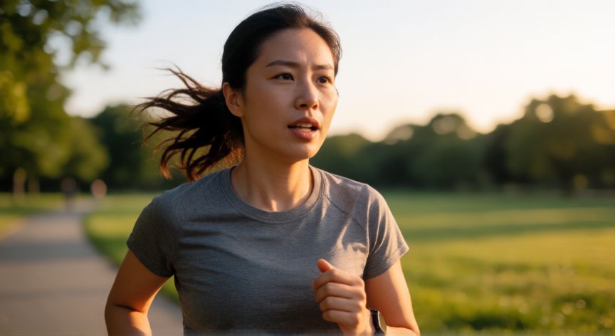 para correr es mejor respirar por la nariz o por la boca, Corredor respirando de forma natural mientras trotara por un parque al atardecer