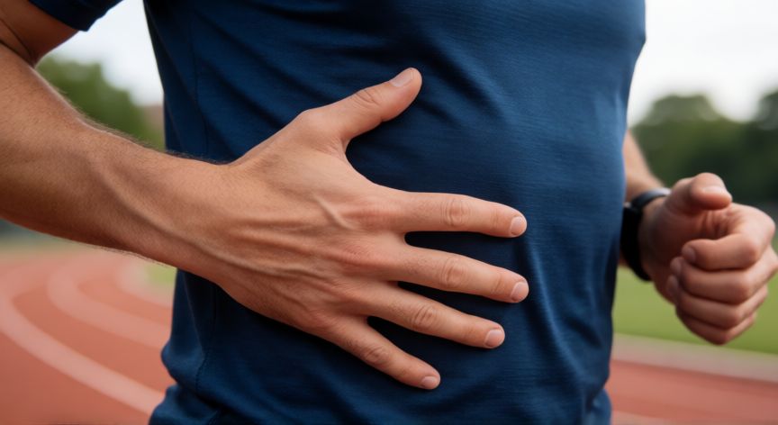 para correr es mejor respirar por la nariz o por la boca, Detalle de la técnica de respiración diafragmática en un corredor sobre una pista de atletismo