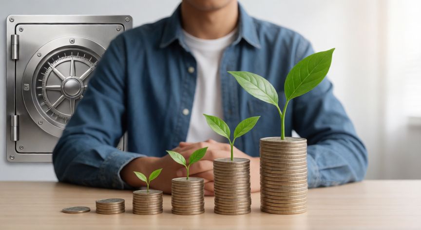 para que ahorrar, Persona ahorrando dinero con símbolo de crecimiento financiero