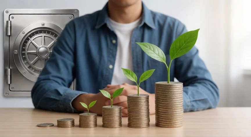 Persona ahorrando dinero con símbolo de crecimiento financiero