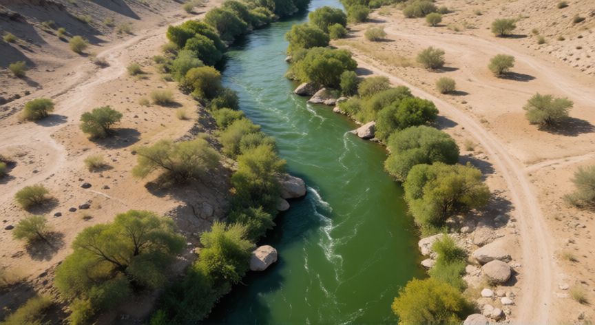 para que ahorrar agua, Río verde atravesando un paisaje árido representando la escasez de agua dulce