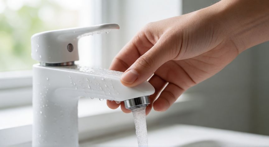 para que ahorrar agua, Mano ajustando un grifo ahorrador de agua en un baño moderno y limpio