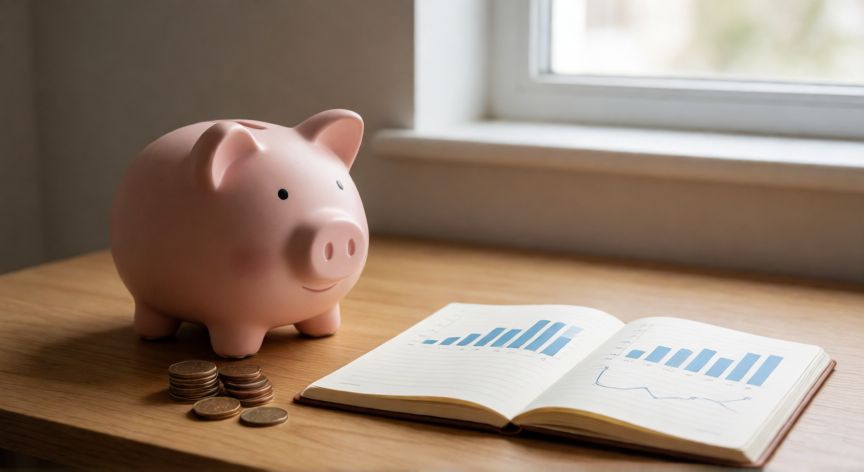 para que ahorrar dinero, Cerrojo de cerdo con monedas y cuaderno de finanzas personales sobre escritorio de madera
