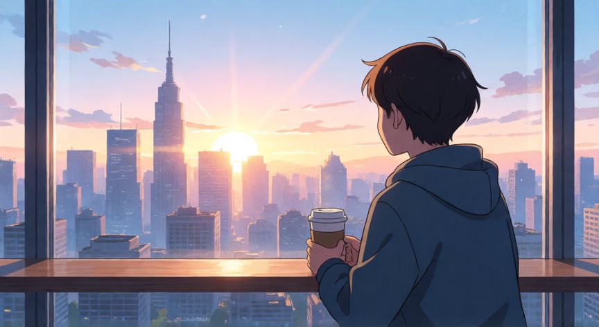 para que ahorrar dinero, Persona mirando la ciudad al amanecer con sensación de planificación futura y esperanza