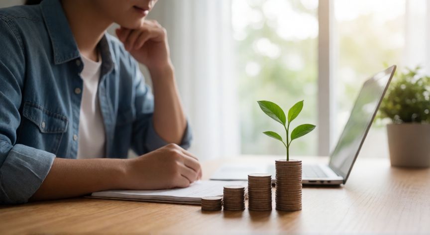 para que ahorrar en el futuro, Persona reflexionando sobre su plan de ahorro financiero en una oficina doméstica