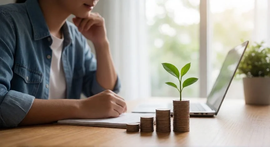 Persona reflexionando sobre su plan de ahorro financiero en una oficina doméstica