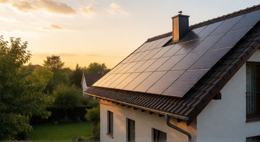 ¿para que ahorrar energia, Casa residencial con paneles solares aprovechando la energía renovable al atardecer