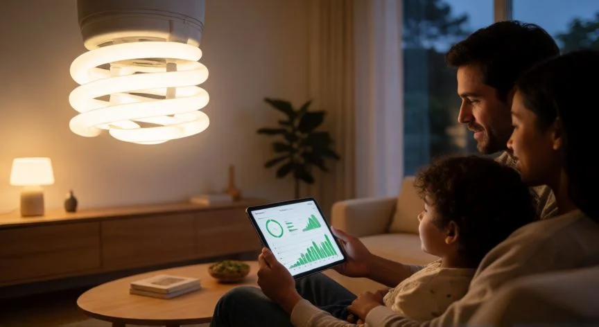 Familia revisando ahorro de energía en un hogar moderno con iluminación LED