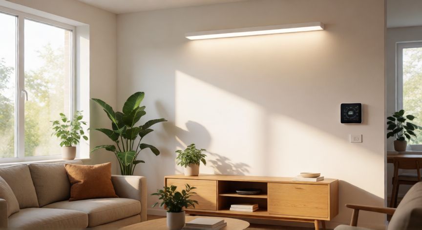 para qué ahorrar energía en tu casa, Salón moderno con iluminación eficiente y termómetro inteligente
