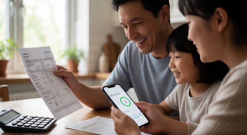 para qué ahorrar energía en tu casa, Familia revisando su factura de luz con alegría en la cocina