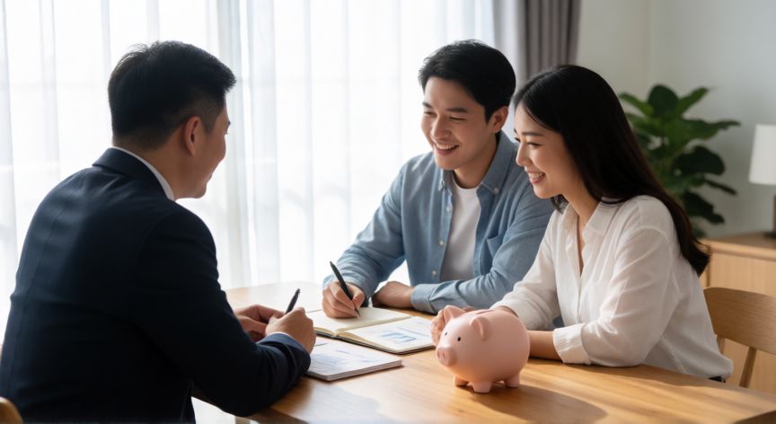 para que ahorras, Pareja joven y asesor financiero revisando un plan de ahorro en una mesa de madera