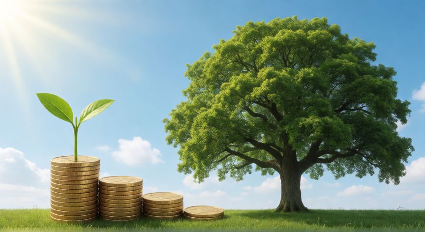 para que ahorras, Metáfora del interés compuesto con una planta creciendo junto a monedas de oro bajo el sol