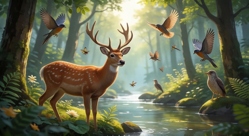 para qué animal, ecosistema forestal con animales que ilustran su papel ecológico