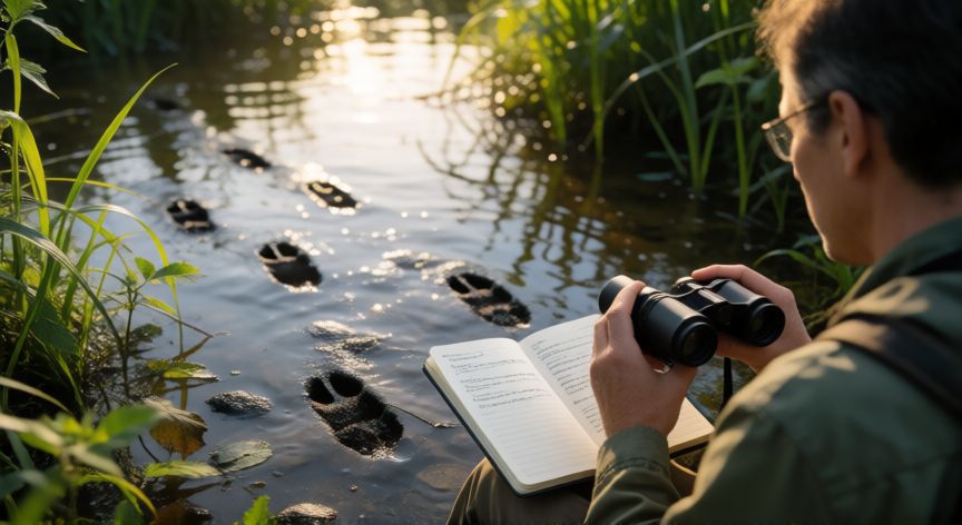 para qué animal, investigador observando fauna y vegetación en un humedal para estudiar la biodiversidad