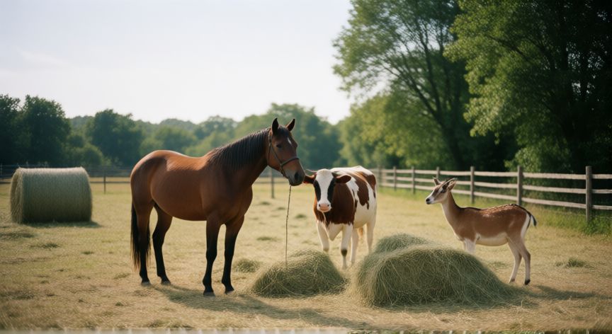 para qué animales sirve, Animales de granja y fauna en un campo con elementos de manejo y bienestar