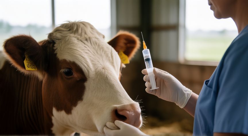 Veterinario examinando a una vaca con oxitetraciclina
