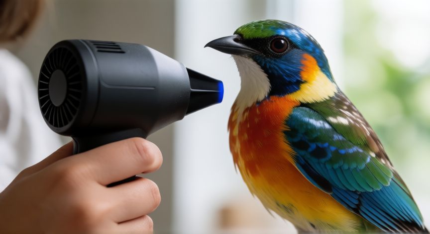 para qué animales son sobre todo recomendables los sopladores, Persona usando un soplador suave para secar y ordenar el plumaje de un ave