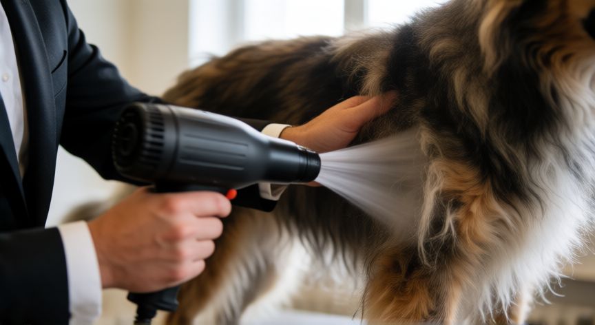 para qué animales son sobre todo recomendables los sopladores, Soplador de aire usado con cuidado en un perro de pelo largo durante el cuidado del manto