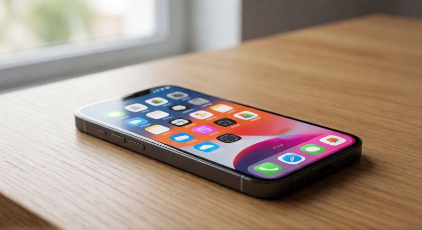 para qué iphone, iPhone sobre un escritorio mostrando su pantalla de inicio