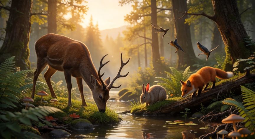 para qué los animales necesitan alimentarse, Animales en un bosque alimentándose de hierba, raíces y frutos cerca de un arroyo