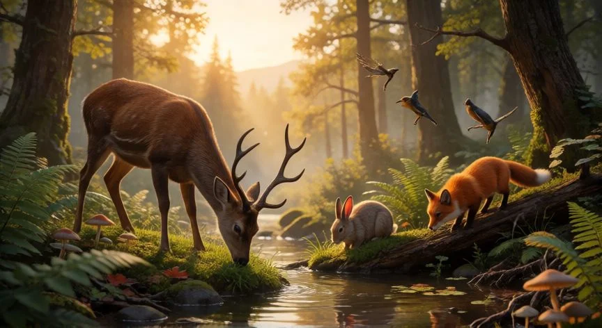 Animales en un bosque alimentándose de hierba, raíces y frutos cerca de un arroyo