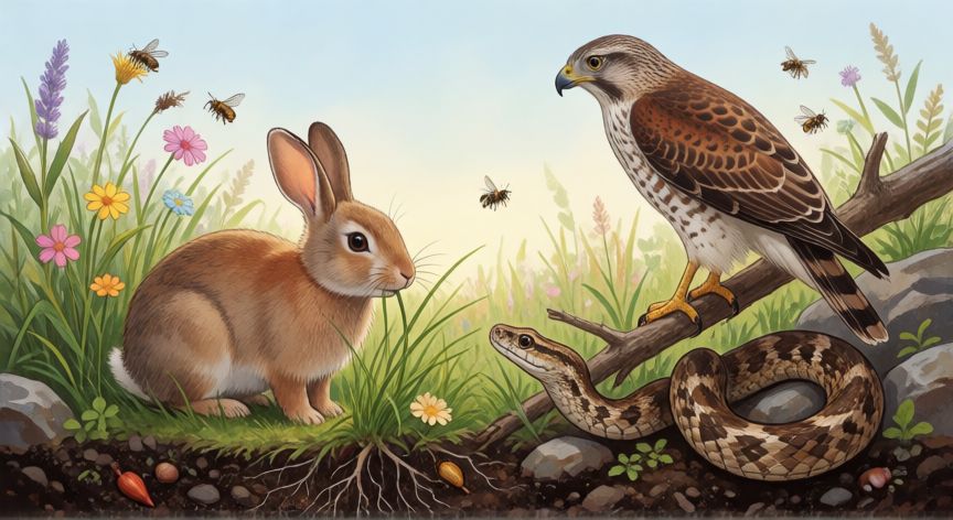 para qué los animales necesitan alimentarse, Cadena trófica en un prado con conejo, halcón, serpiente, insectos y plantas