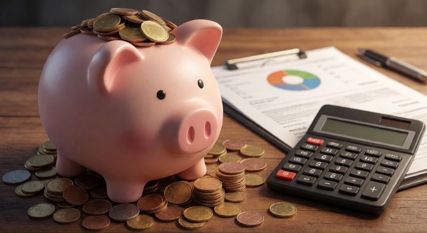 para que sirve ahorrar, Cerdo hucha lleno de monedas sobre escritorio con informes financieros