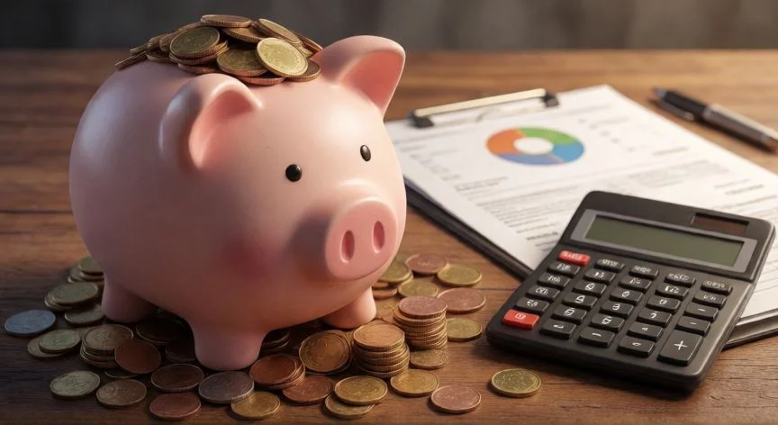Cerdo hucha lleno de monedas sobre escritorio con informes financieros