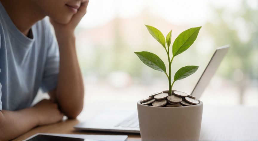 para que sirve ahorrar, Persona mirando planta de inversión creciendo con monedas como sustrato