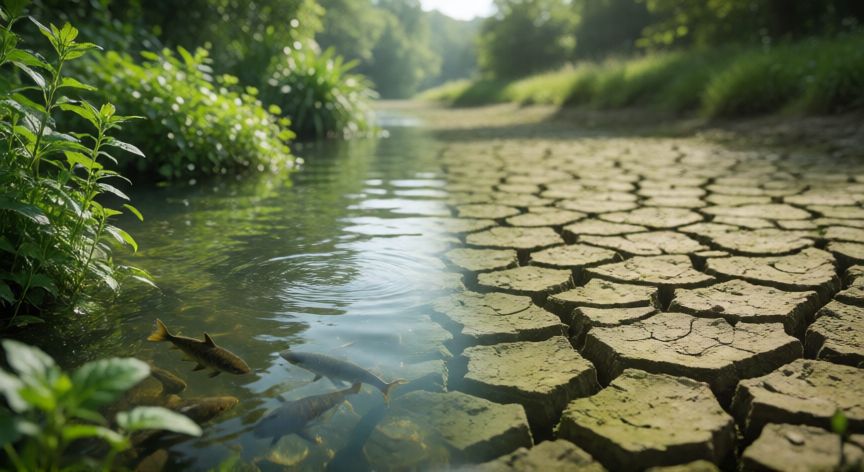 para que sirve ahorrar agua, Ecosistema fluvial saludable contrastado con tierra seca por falta de agua