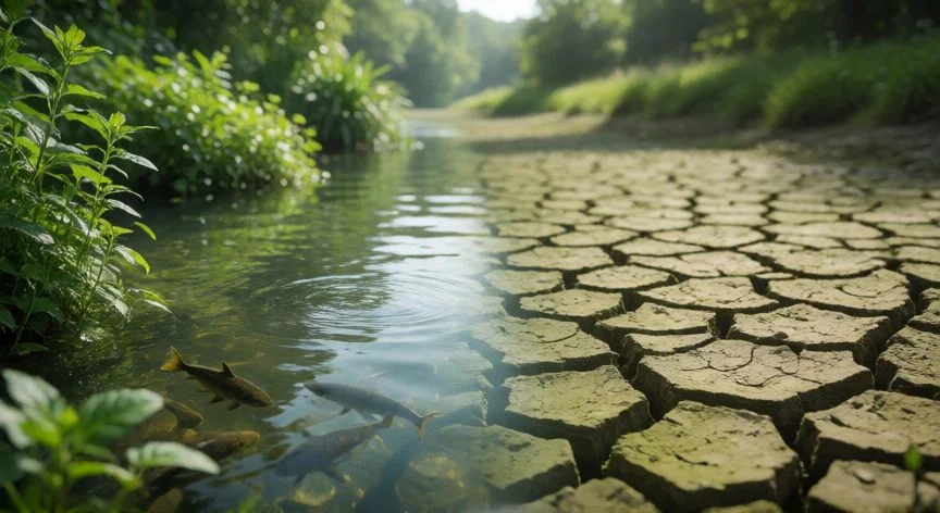 Ecosistema fluvial saludable contrastado con tierra seca por falta de agua