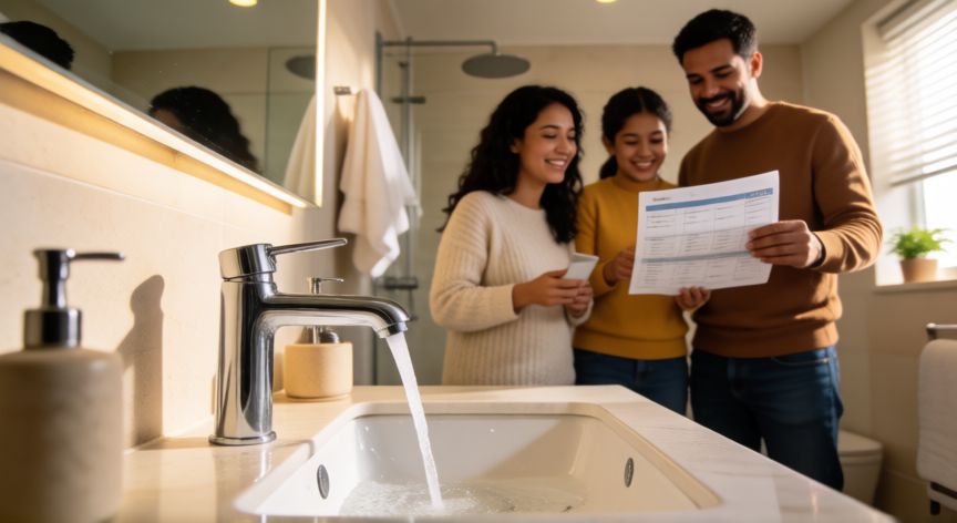 para que sirve ahorrar agua, Grifo de bajo consumo en un baño moderno con familia revisando la factura