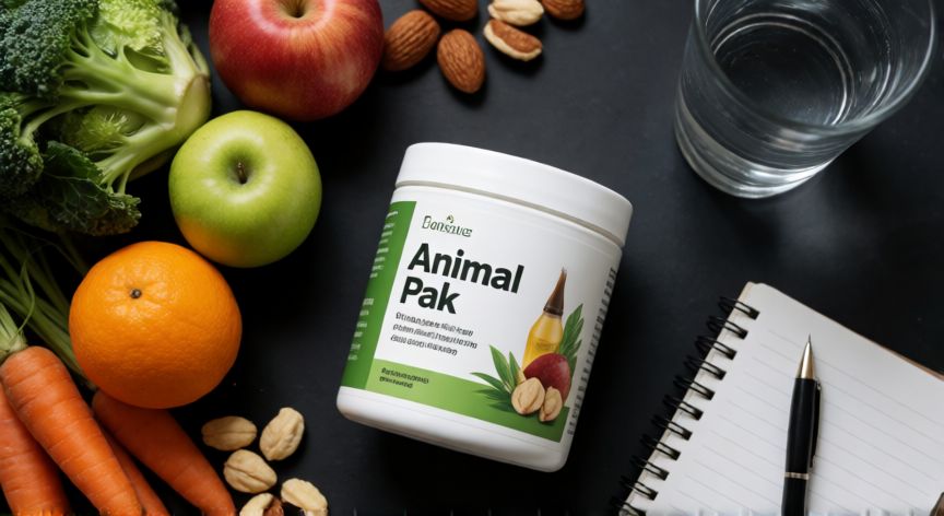 Suplemento Animal Pak junto a alimentos saludables y agua en un fondo de gimnasio