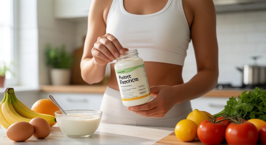 para qué sirve animal pak, Persona revisando información de un suplemento Animal Pak junto a alimentos nutritivos en la cocina