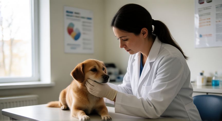 Veterinario revisando a un perro en una clínica veterinaria