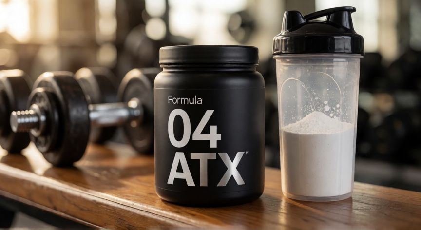 para que sirve formula 04 atx, Tubo de suplemento Formula 04 ATX junto a un shaker en un gimnasio