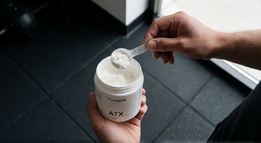 para que sirve formula 04 atx, Manos midiendo la dosis de Formula 04 ATX en un gimnasio