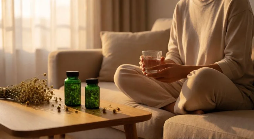 Persona relajándose en un sofá con botellín de suplemento natural y flores de manzanilla sobre la mesa
