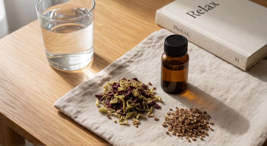 para que sirve formula 303 natural relaxant, Vista cenital de ingredientes naturales relajantes sobre un paño de lino junto a un libro cerrado