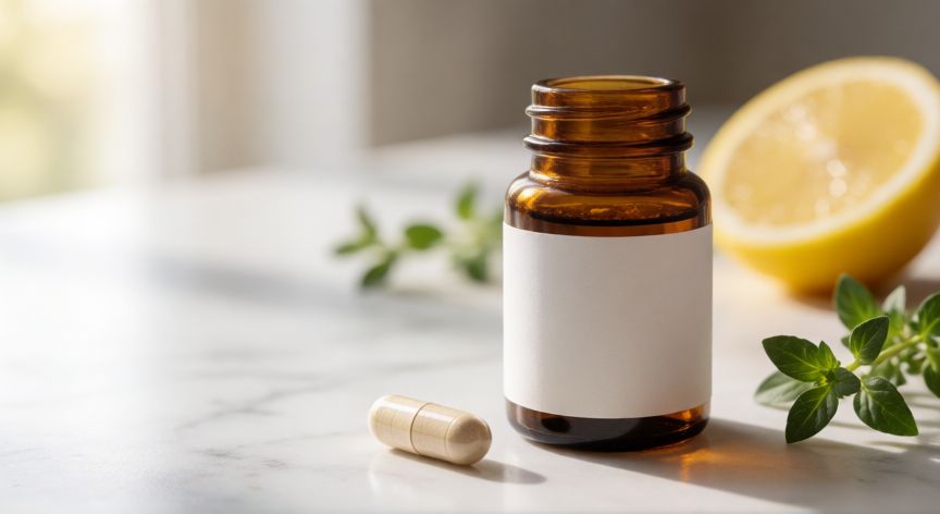 Bote de suplemento Fórmula 44 con una cápsula sobre superficie de mármol blanco