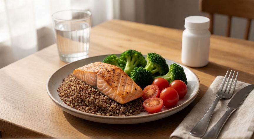 para que sirve formula 44, Comida saludable equilibrada con un bote de suplemento al fondo sobre mesa de madera