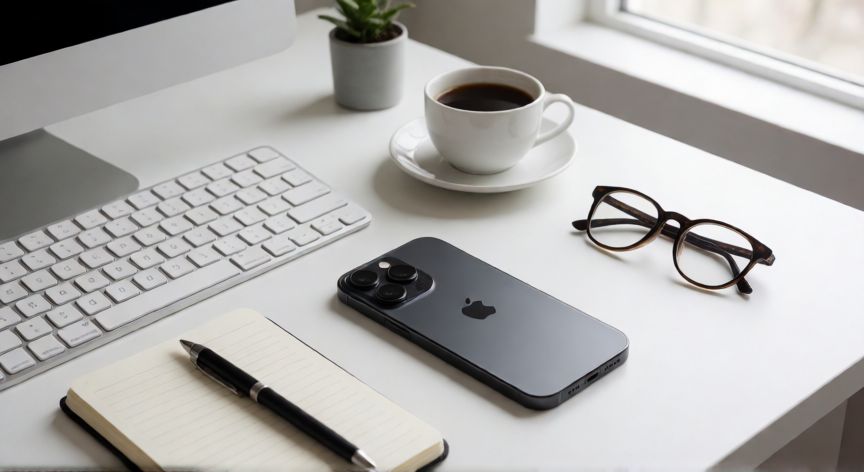 para qué sirve iphone, iPhone sobre un escritorio de trabajo con accesorios minimalistas